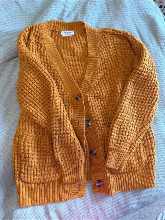 Zenana Outfitters Sweaters - Zenana Outfitters Golden Mustard Waffle-Knit Button Cardigan